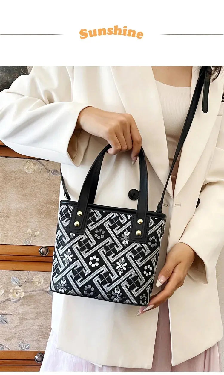 New Ethnic Style Wanji Pattern Bucket Bag Casual Crossbody Lightweight Luxury Urban Simple PU Leather Fashion Handbag luxecrown.co.uk