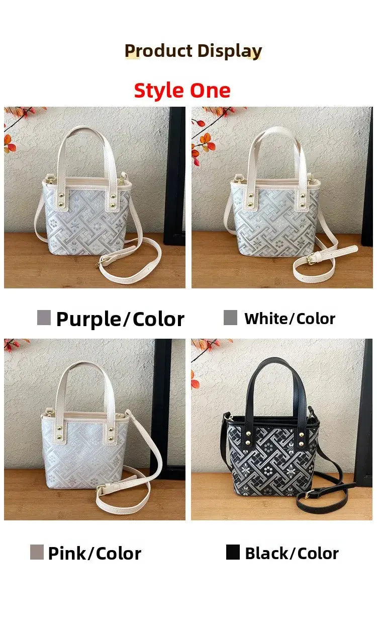 New Ethnic Style Wanji Pattern Bucket Bag Casual Crossbody Lightweight Luxury Urban Simple PU Leather Fashion Handbag luxecrown.co.uk