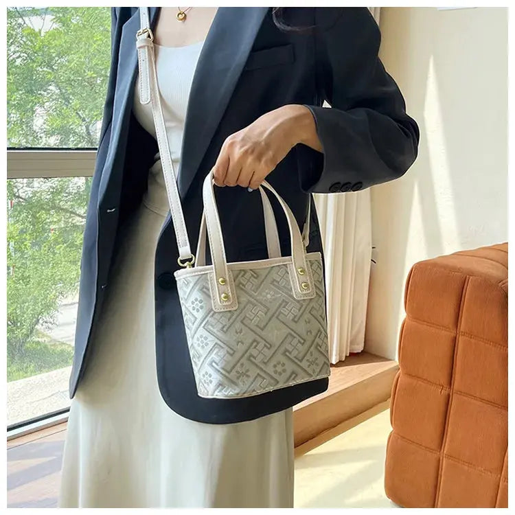 New Ethnic Style Wanji Pattern Bucket Bag Casual Crossbody Lightweight Luxury Urban Simple PU Leather Fashion Handbag luxecrown.co.uk