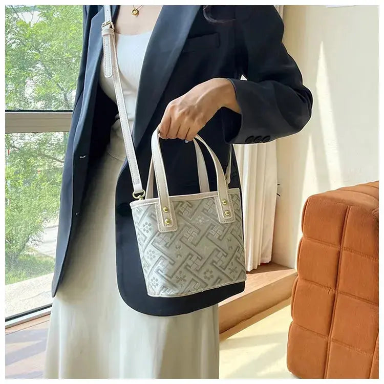 New Ethnic Style Wanji Pattern Bucket Bag Casual Crossbody Lightweight Luxury Urban Simple PU Leather Fashion Handbag luxecrown.co.uk