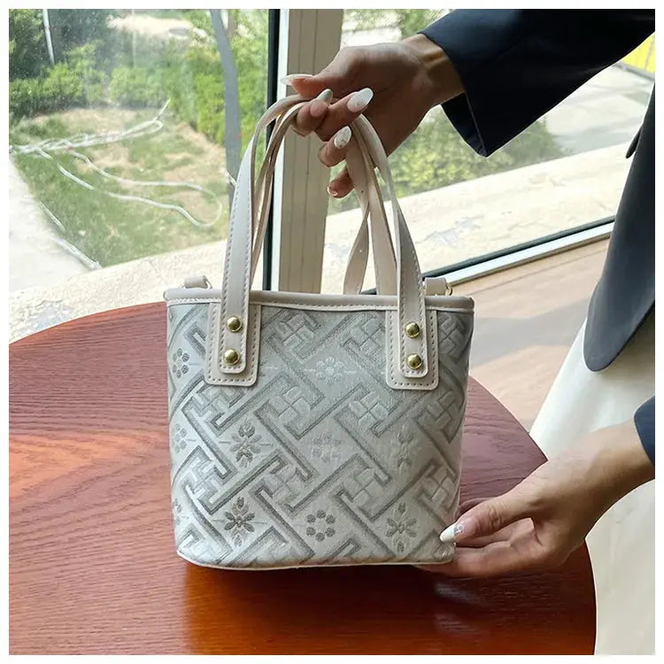 New Ethnic Style Wanji Pattern Bucket Bag Casual Crossbody Lightweight Luxury Urban Simple PU Leather Fashion Handbag luxecrown.co.uk