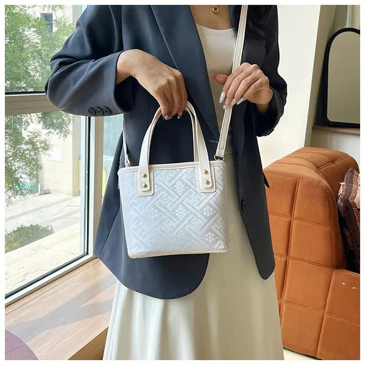 New Ethnic Style Wanji Pattern Bucket Bag Casual Crossbody Lightweight Luxury Urban Simple PU Leather Fashion Handbag luxecrown.co.uk