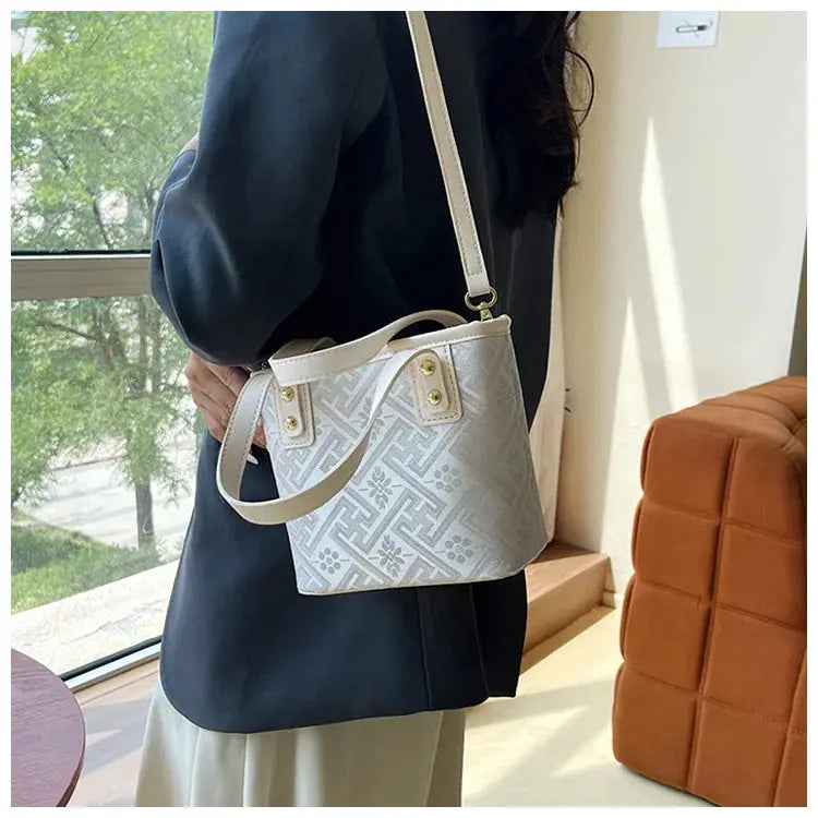 New Ethnic Style Wanji Pattern Bucket Bag Casual Crossbody Lightweight Luxury Urban Simple PU Leather Fashion Handbag luxecrown.co.uk