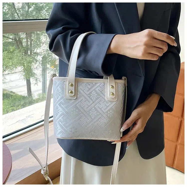 New Ethnic Style Wanji Pattern Bucket Bag Casual Crossbody Lightweight Luxury Urban Simple PU Leather Fashion Handbag luxecrown.co.uk