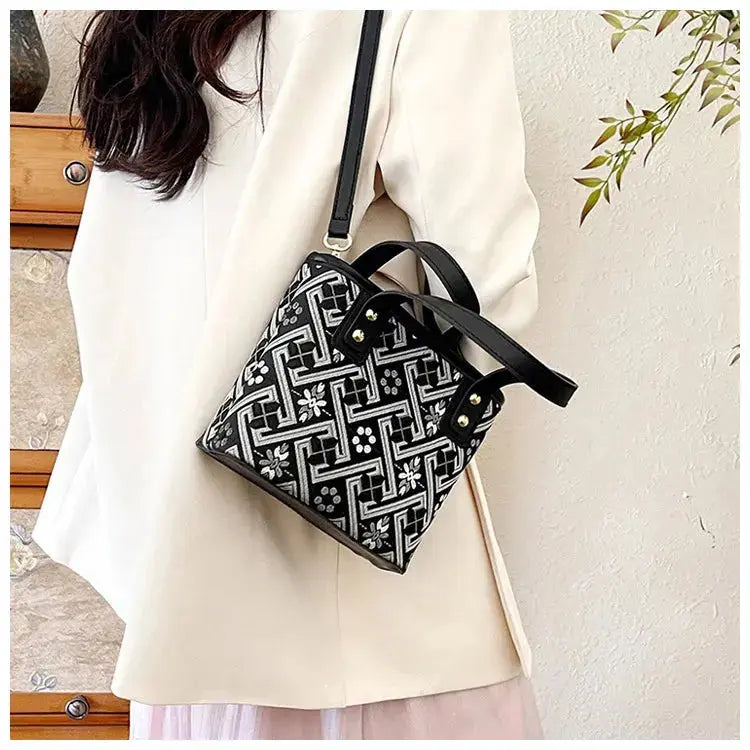 New Ethnic Style Wanji Pattern Bucket Bag Casual Crossbody Lightweight Luxury Urban Simple PU Leather Fashion Handbag luxecrown.co.uk