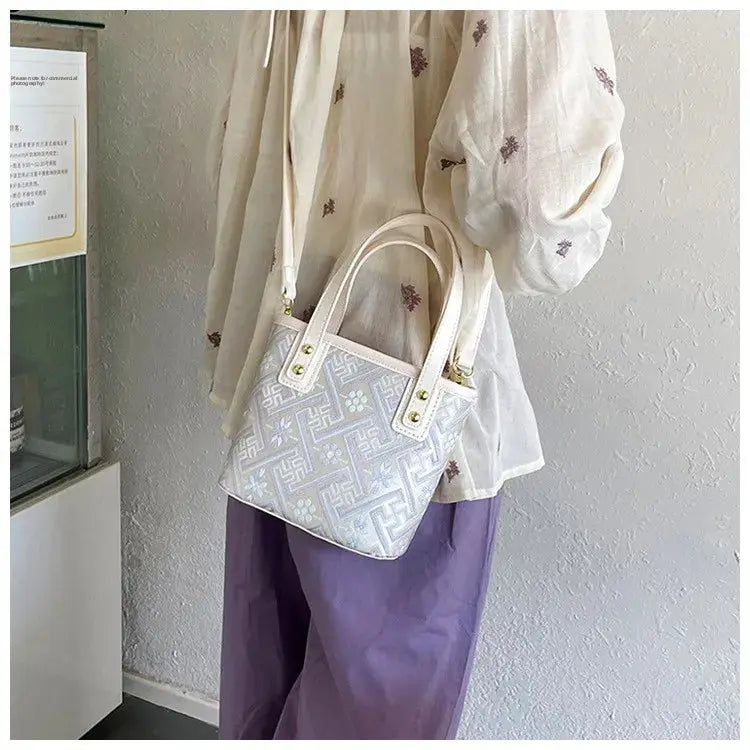 New Ethnic Style Wanji Pattern Bucket Bag Casual Crossbody Lightweight Luxury Urban Simple PU Leather Fashion Handbag luxecrown.co.uk