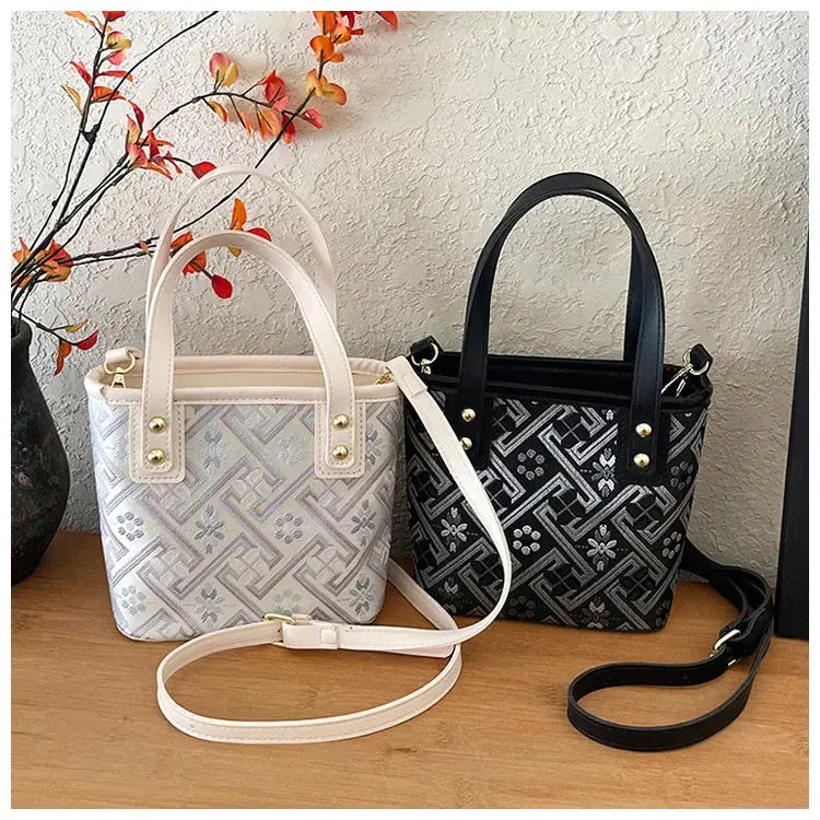 New Ethnic Style Wanji Pattern Bucket Bag Casual Crossbody Lightweight Luxury Urban Simple PU Leather Fashion Handbag luxecrown.co.uk