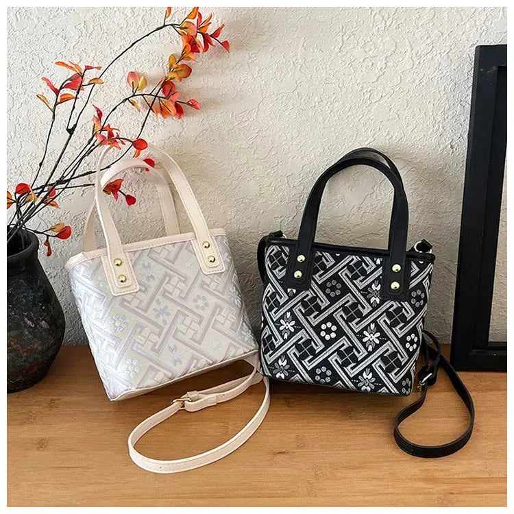 New Ethnic Style Wanji Pattern Bucket Bag Casual Crossbody Lightweight Luxury Urban Simple PU Leather Fashion Handbag luxecrown.co.uk