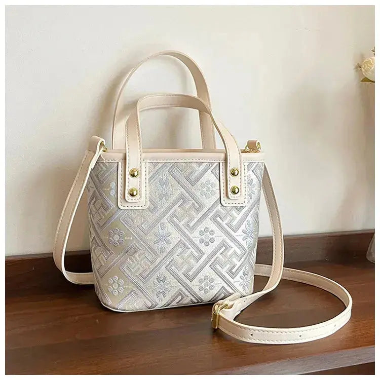 New Ethnic Style Wanji Pattern Bucket Bag Casual Crossbody Lightweight Luxury Urban Simple PU Leather Fashion Handbag luxecrown.co.uk