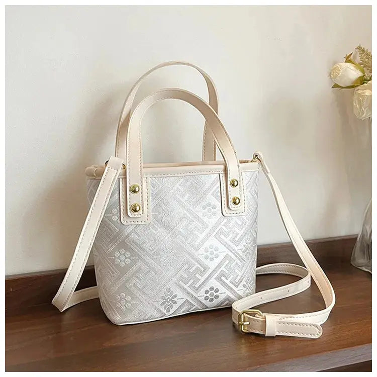 New Ethnic Style Wanji Pattern Bucket Bag Casual Crossbody Lightweight Luxury Urban Simple PU Leather Fashion Handbag luxecrown.co.uk