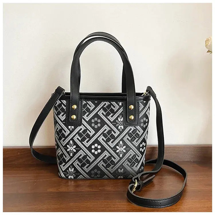 New Ethnic Style Wanji Pattern Bucket Bag Casual Crossbody Lightweight Luxury Urban Simple PU Leather Fashion Handbag luxecrown.co.uk