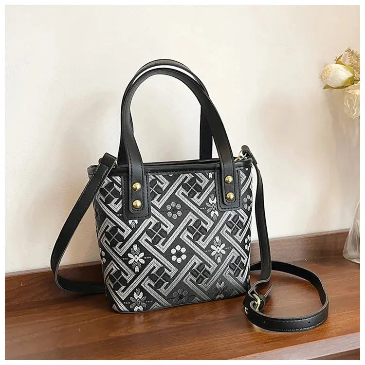New Ethnic Style Wanji Pattern Bucket Bag Casual Crossbody Lightweight Luxury Urban Simple PU Leather Fashion Handbag luxecrown.co.uk