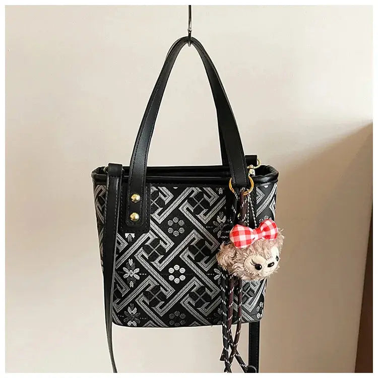 New Ethnic Style Wanji Pattern Bucket Bag Casual Crossbody Lightweight Luxury Urban Simple PU Leather Fashion Handbag luxecrown.co.uk