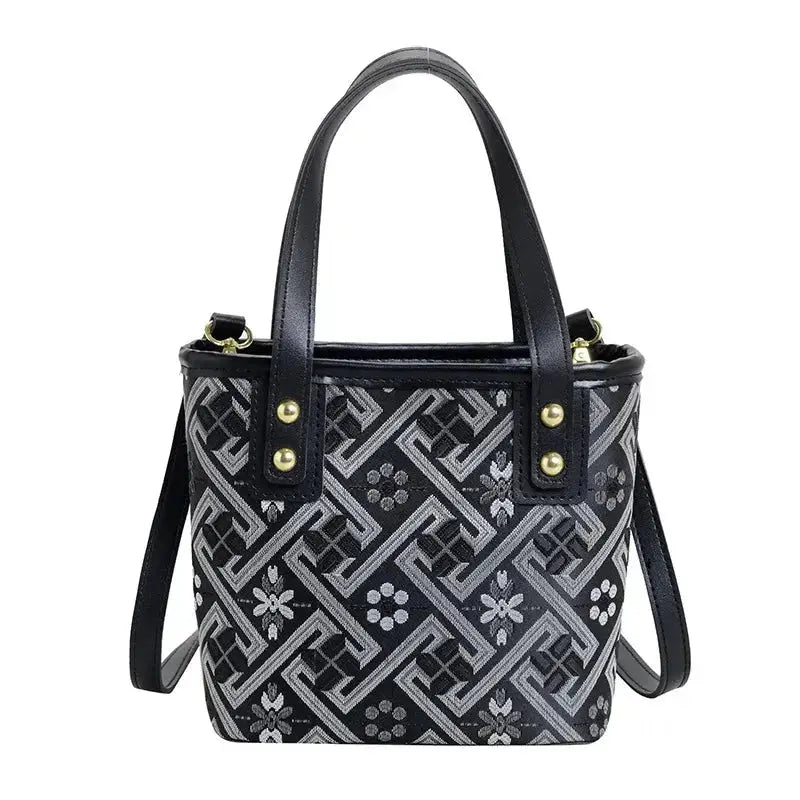 New Ethnic Style Wanji Pattern Bucket Bag Casual Crossbody Lightweight Luxury Urban Simple PU Leather Fashion Handbag luxecrown.co.uk