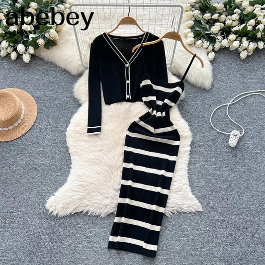 New Fashion Autumn Knitted Suits Long Sleeve V Neck Buttons Top+Stripe Strap Bodycon Dress Elegant OL Women Two Piece Sets luxecrown.co.uk