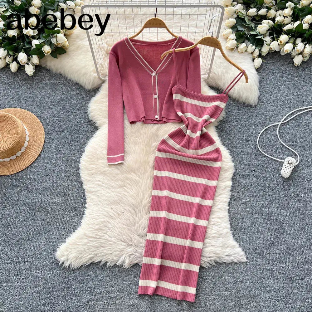 New Fashion Autumn Knitted Suits Long Sleeve V Neck Buttons Top+Stripe Strap Bodycon Dress Elegant OL Women Two Piece Sets luxecrown.co.uk