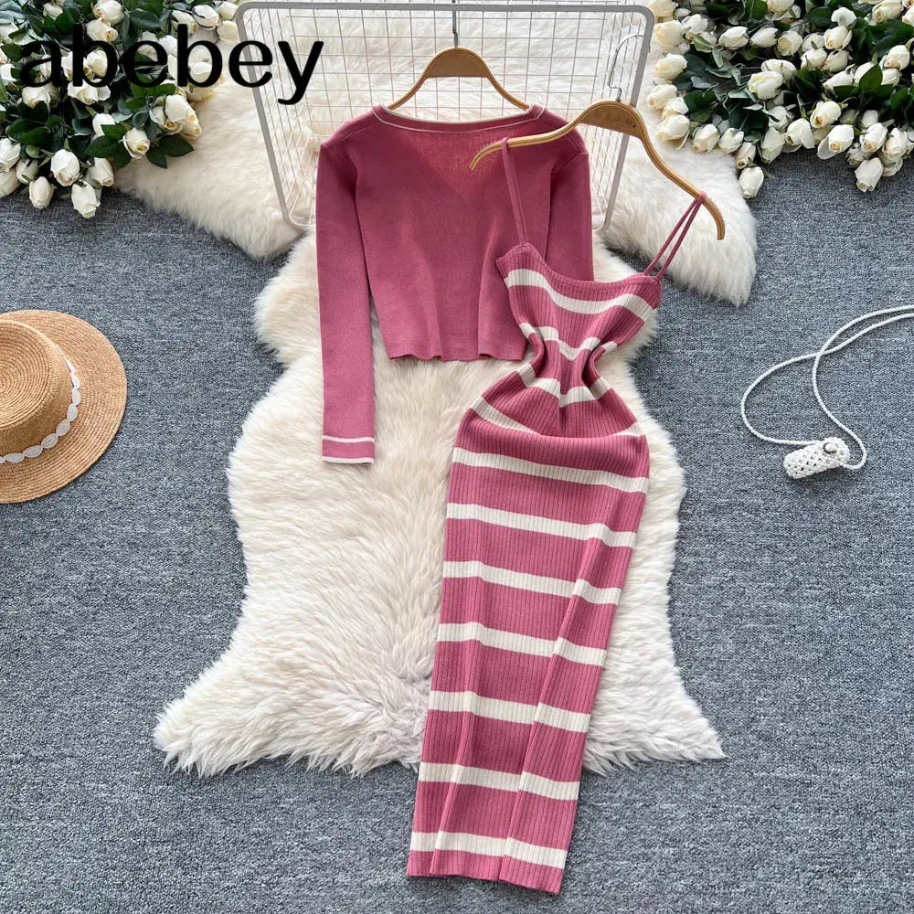 New Fashion Autumn Knitted Suits Long Sleeve V Neck Buttons Top+Stripe Strap Bodycon Dress Elegant OL Women Two Piece Sets luxecrown.co.uk