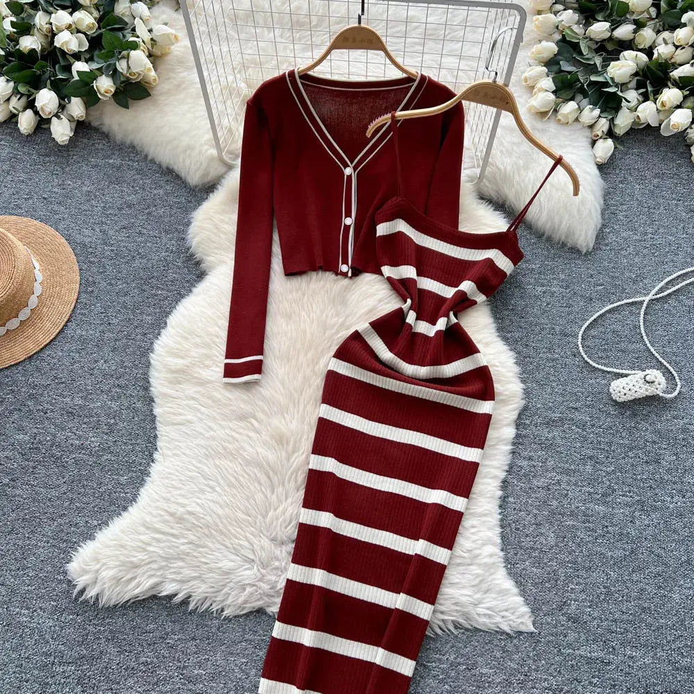 New Fashion Autumn Knitted Suits Long Sleeve V Neck Buttons Top+Stripe Strap Bodycon Dress Elegant OL Women Two Piece Sets luxecrown.co.uk