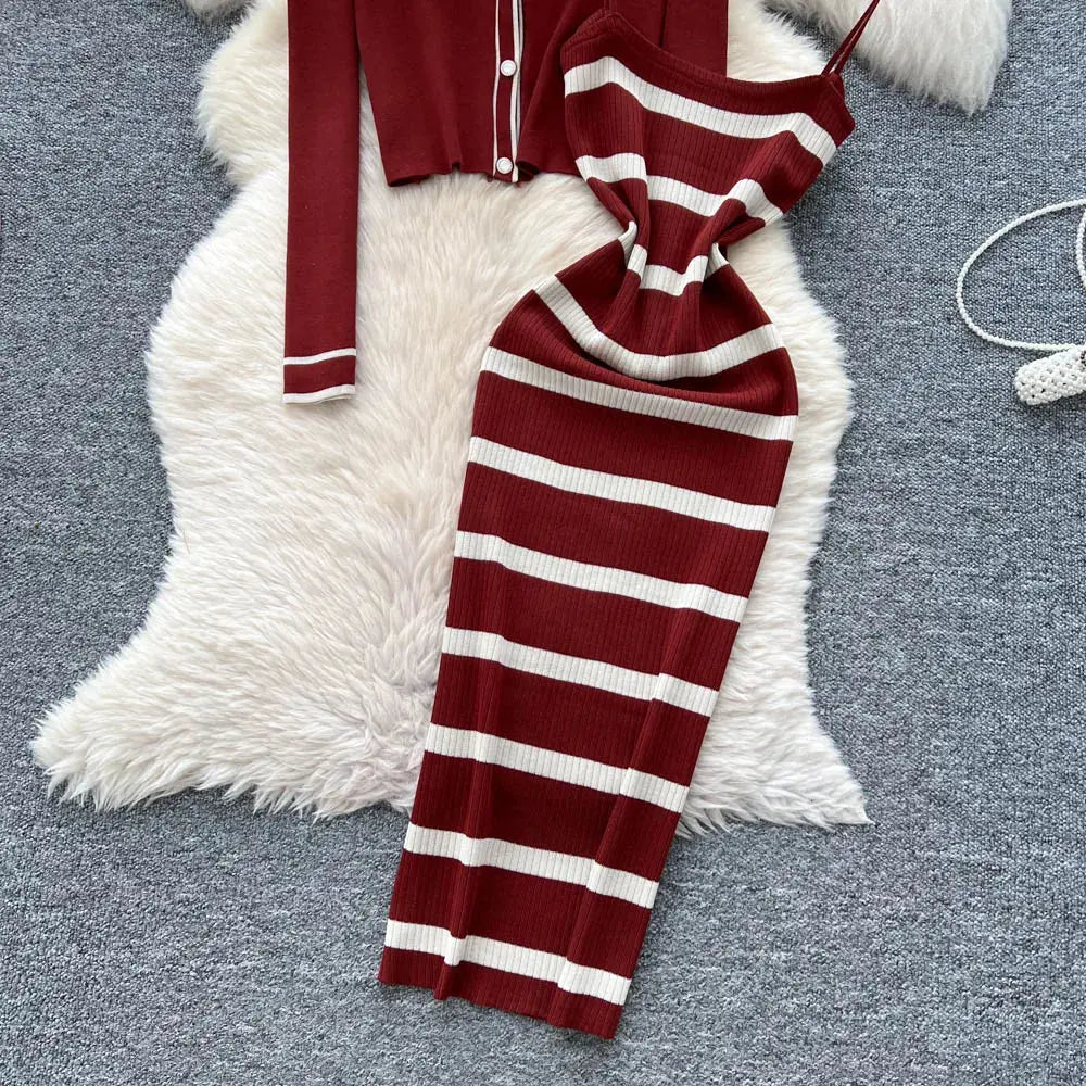 New Fashion Autumn Knitted Suits Long Sleeve V Neck Buttons Top+Stripe Strap Bodycon Dress Elegant OL Women Two Piece Sets luxecrown.co.uk