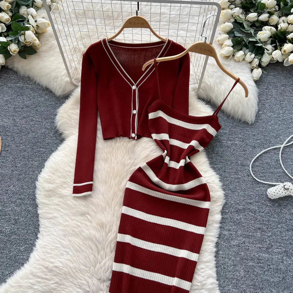 New Fashion Autumn Knitted Suits Long Sleeve V Neck Buttons Top+Stripe Strap Bodycon Dress Elegant OL Women Two Piece Sets luxecrown.co.uk