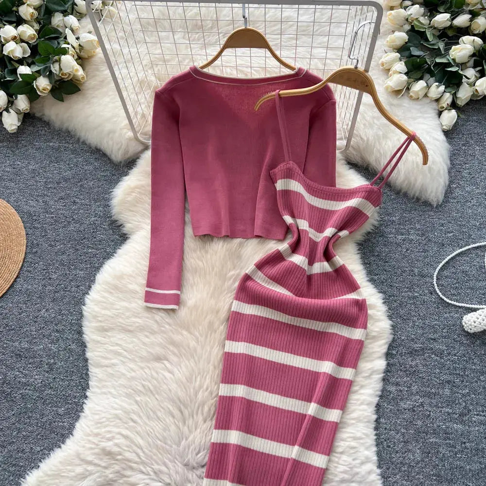 New Fashion Autumn Knitted Suits Long Sleeve V Neck Buttons Top+Stripe Strap Bodycon Dress Elegant OL Women Two Piece Sets luxecrown.co.uk