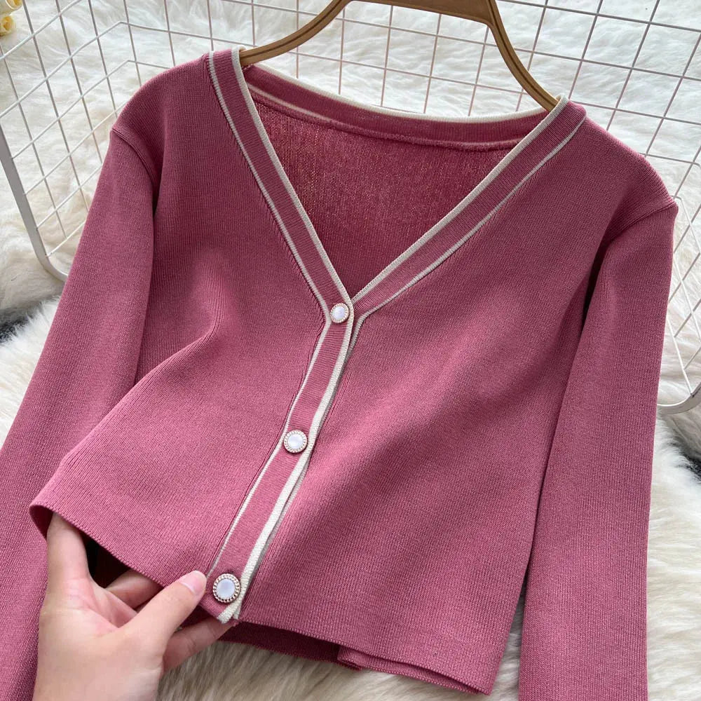 New Fashion Autumn Knitted Suits Long Sleeve V Neck Buttons Top+Stripe Strap Bodycon Dress Elegant OL Women Two Piece Sets luxecrown.co.uk