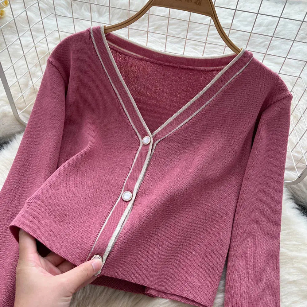New Fashion Autumn Knitted Suits Long Sleeve V Neck Buttons Top+Stripe Strap Bodycon Dress Elegant OL Women Two Piece Sets luxecrown.co.uk