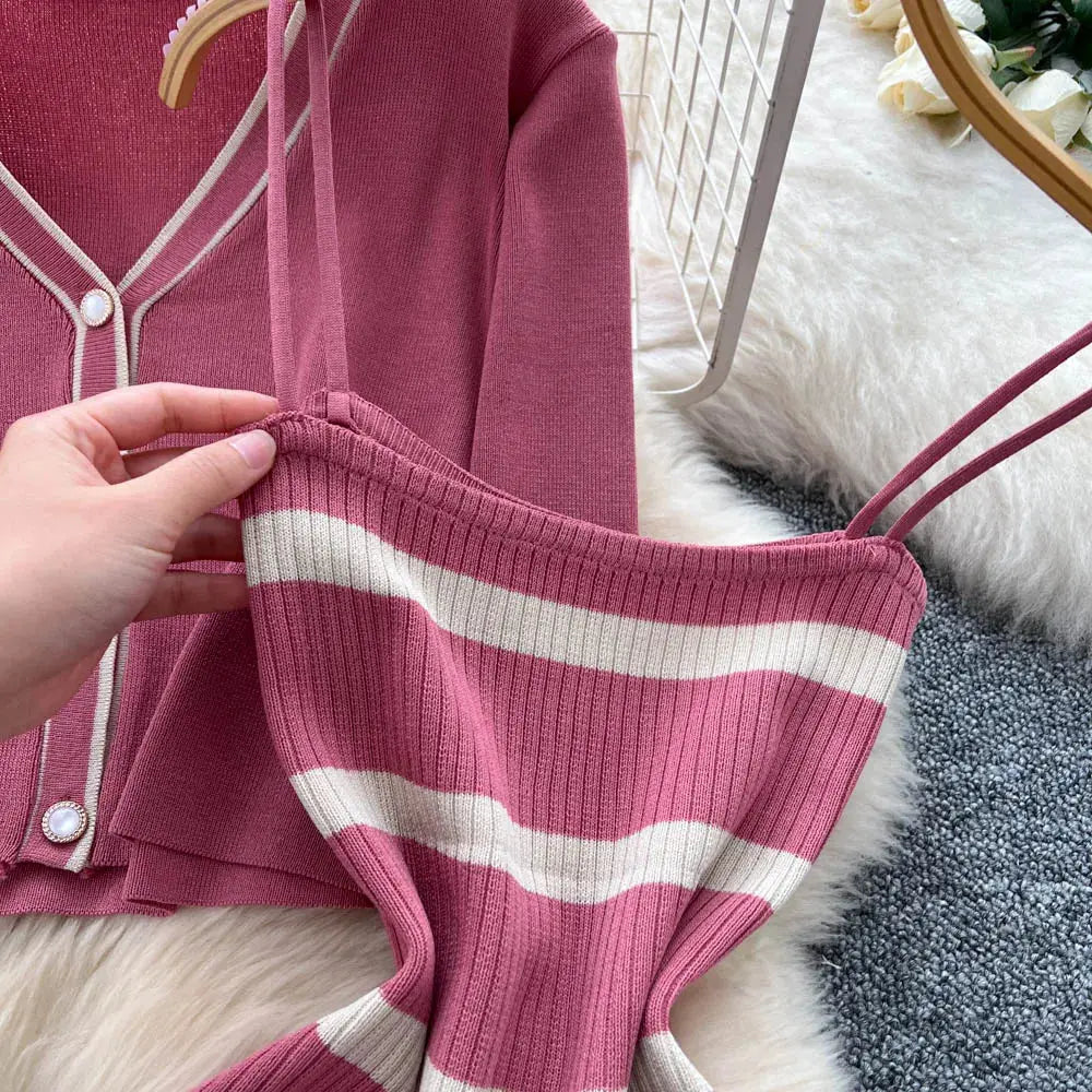 New Fashion Autumn Knitted Suits Long Sleeve V Neck Buttons Top+Stripe Strap Bodycon Dress Elegant OL Women Two Piece Sets luxecrown.co.uk