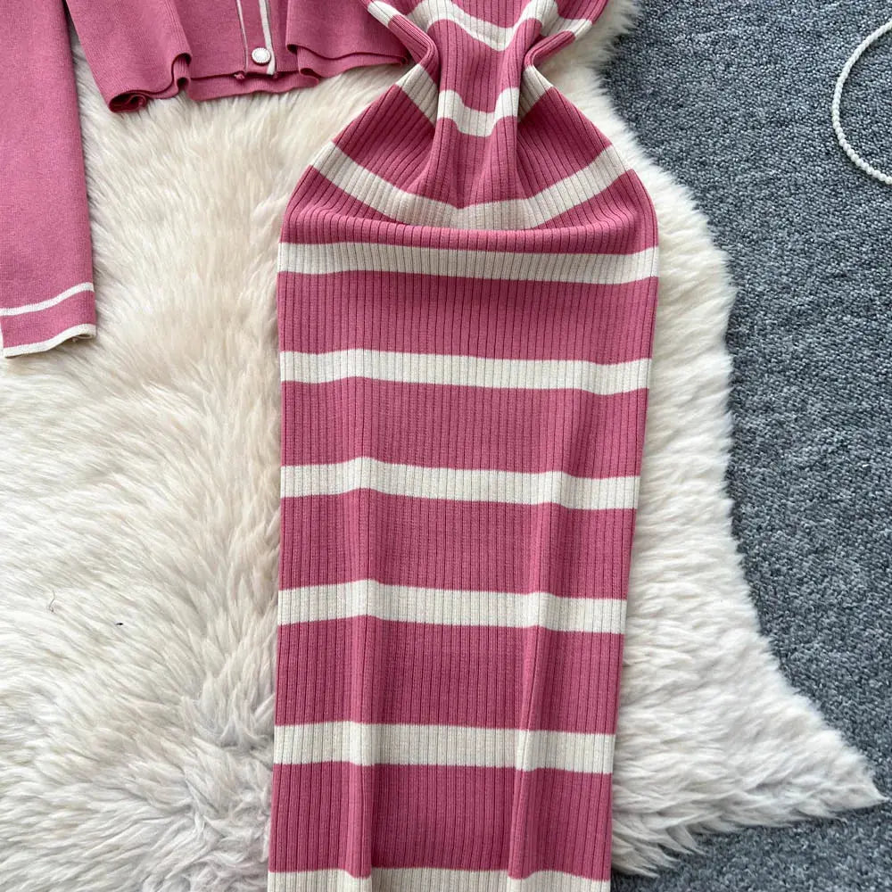 New Fashion Autumn Knitted Suits Long Sleeve V Neck Buttons Top+Stripe Strap Bodycon Dress Elegant OL Women Two Piece Sets luxecrown.co.uk