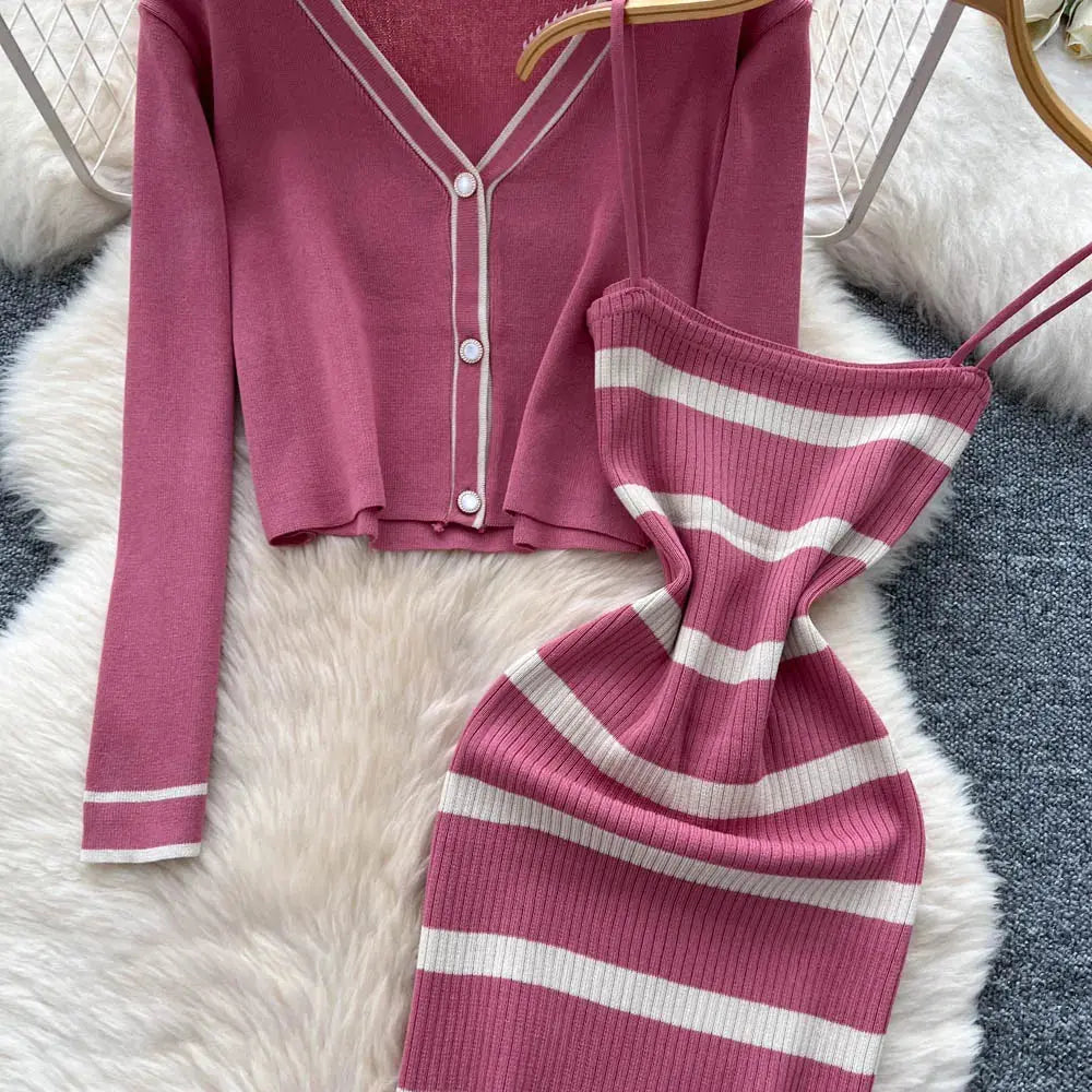 New Fashion Autumn Knitted Suits Long Sleeve V Neck Buttons Top+Stripe Strap Bodycon Dress Elegant OL Women Two Piece Sets luxecrown.co.uk