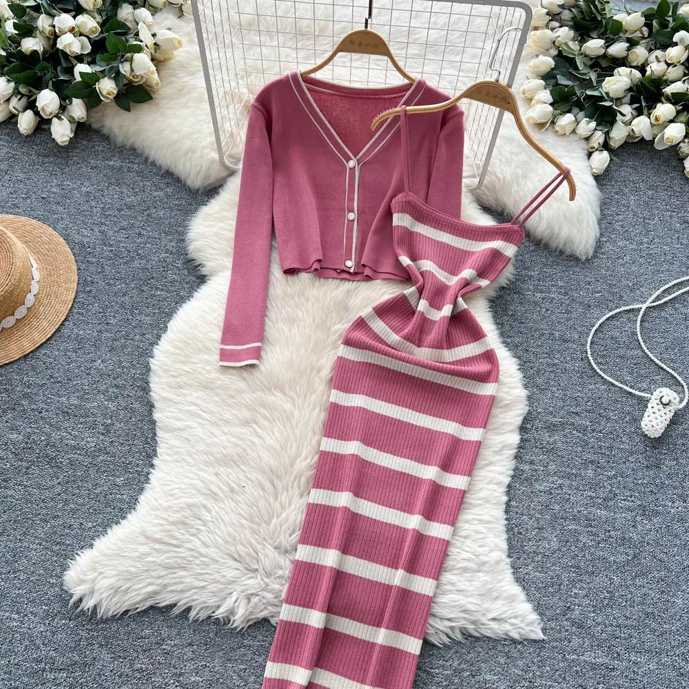 New Fashion Autumn Knitted Suits Long Sleeve V Neck Buttons Top+Stripe Strap Bodycon Dress Elegant OL Women Two Piece Sets luxecrown.co.uk