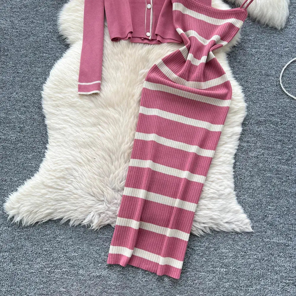 New Fashion Autumn Knitted Suits Long Sleeve V Neck Buttons Top+Stripe Strap Bodycon Dress Elegant OL Women Two Piece Sets luxecrown.co.uk