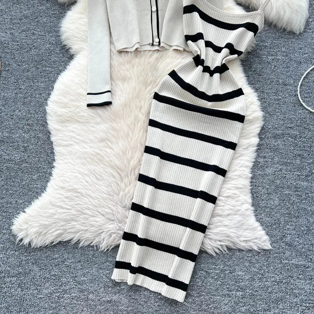New Fashion Autumn Knitted Suits Long Sleeve V Neck Buttons Top+Stripe Strap Bodycon Dress Elegant OL Women Two Piece Sets luxecrown.co.uk