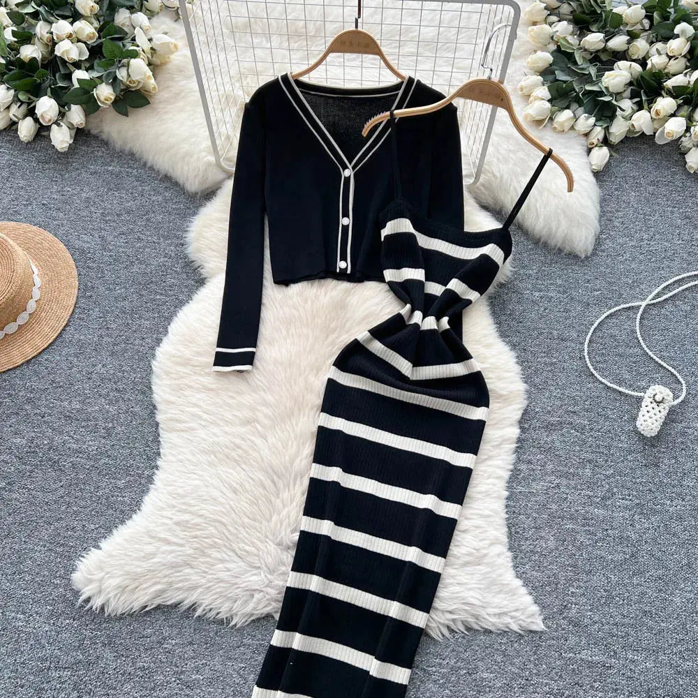 New Fashion Autumn Knitted Suits Long Sleeve V Neck Buttons Top+Stripe Strap Bodycon Dress Elegant OL Women Two Piece Sets luxecrown.co.uk