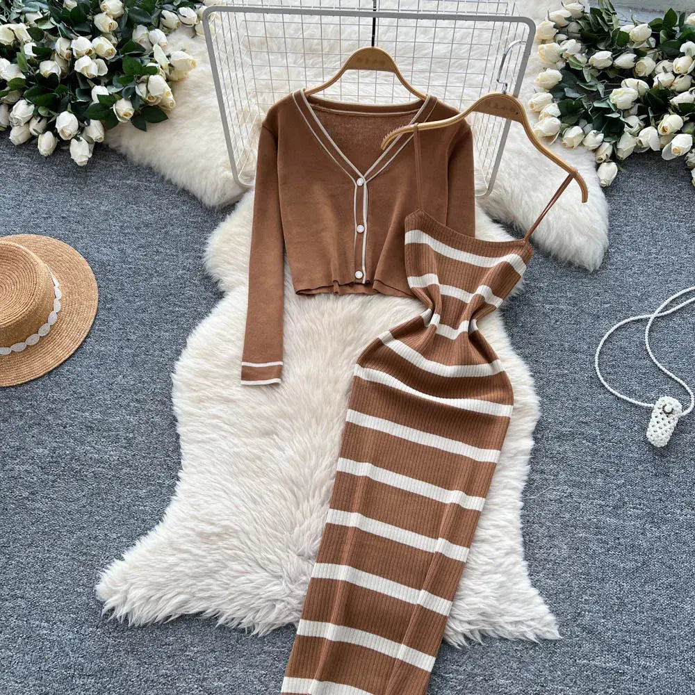 New Fashion Autumn Knitted Suits Long Sleeve V Neck Buttons Top+Stripe Strap Bodycon Dress Elegant OL Women Two Piece Sets luxecrown.co.uk