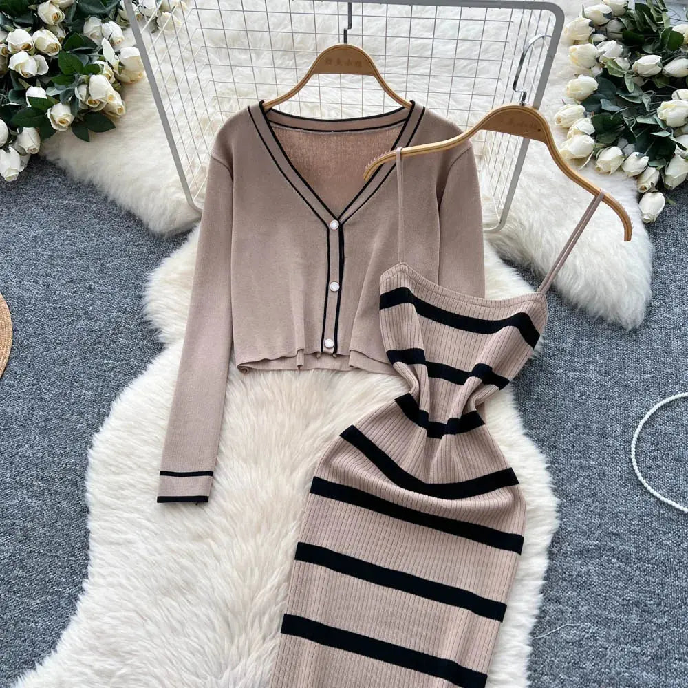 New Fashion Autumn Knitted Suits Long Sleeve V Neck Buttons Top+Stripe Strap Bodycon Dress Elegant OL Women Two Piece Sets luxecrown.co.uk