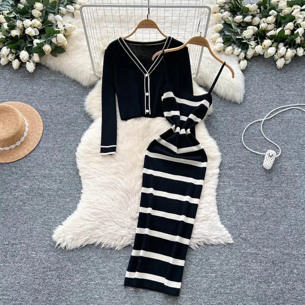 New Fashion Autumn Knitted Suits Long Sleeve V Neck Buttons Top+Stripe Strap Bodycon Dress Elegant OL Women Two Piece Sets luxecrown.co.uk