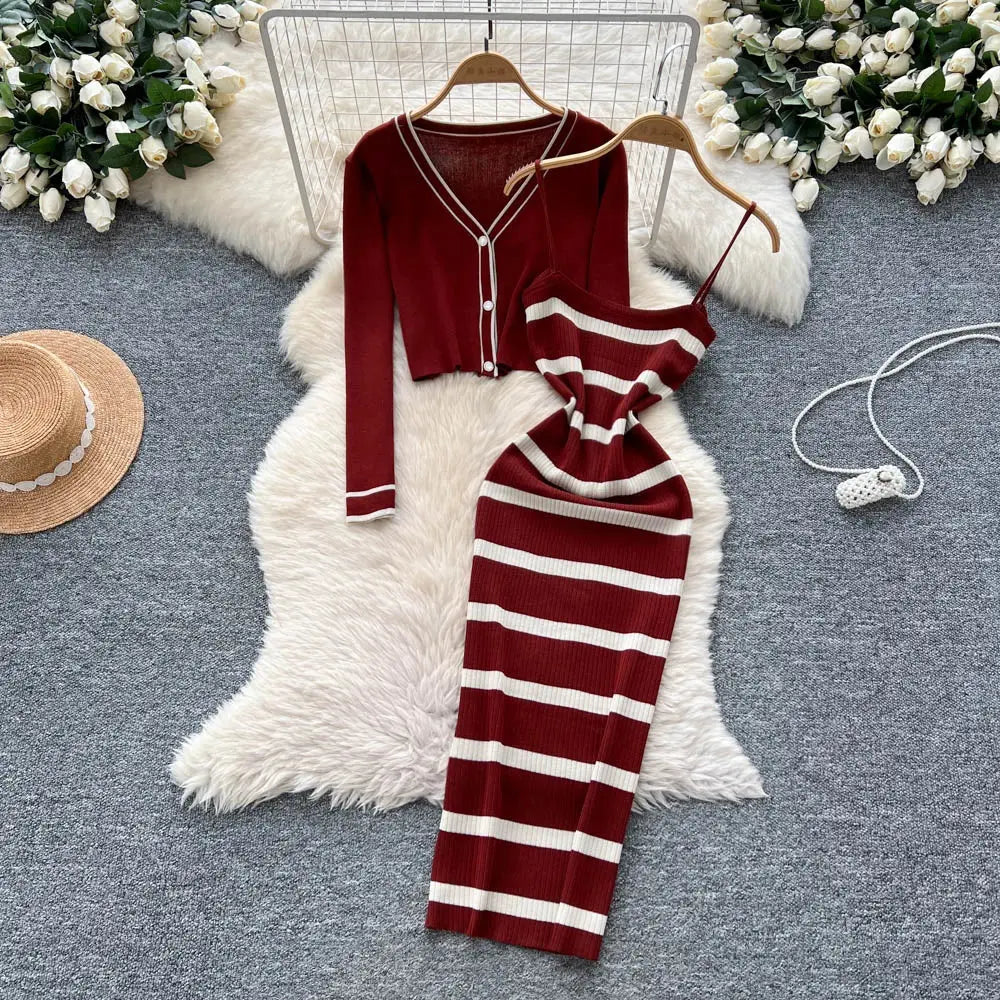 New Fashion Autumn Knitted Suits Long Sleeve V Neck Buttons Top+Stripe Strap Bodycon Dress Elegant OL Women Two Piece Sets luxecrown.co.uk