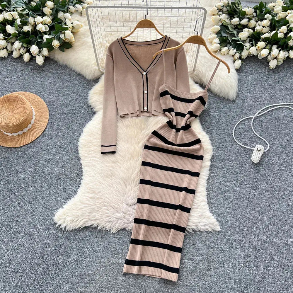 New Fashion Autumn Knitted Suits Long Sleeve V Neck Buttons Top+Stripe Strap Bodycon Dress Elegant OL Women Two Piece Sets luxecrown.co.uk