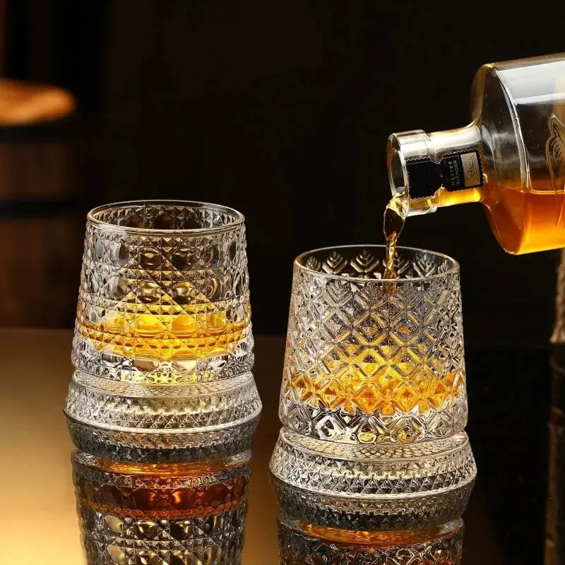New Whiskey Glasses Rotating Whisky Glass with Glass Base 360 Rotate Degrees Crystal Rum Glass for Cocktail Party Drinking luxecrown.co.uk