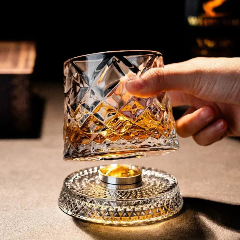 New Whiskey Glasses Rotating Whisky Glass with Glass Base 360 Rotate Degrees Crystal Rum Glass for Cocktail Party Drinking luxecrown.co.uk