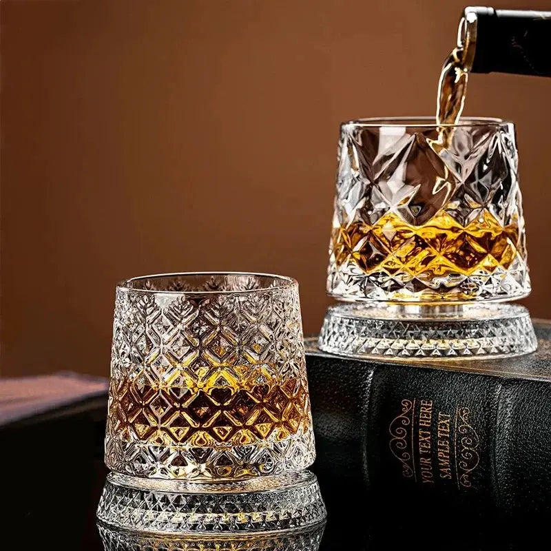 New Whiskey Glasses Rotating Whisky Glass with Glass Base 360 Rotate Degrees Crystal Rum Glass for Cocktail Party Drinking luxecrown.co.uk