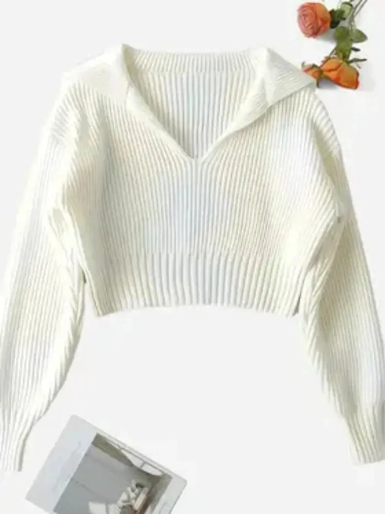 New Winter Women'S Cozy V-Neck Short Sleeve Pullover Soft Ribbed Texture Basic Long Sleeve Solid Knit Sweater Casual Womenswear luxecrown.co.uk