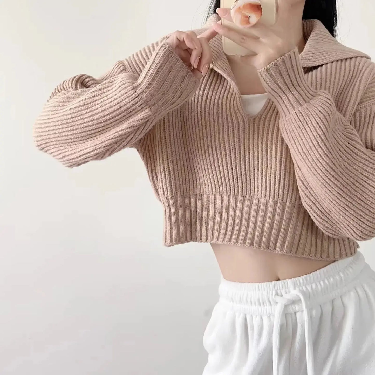 New Winter Women'S Cozy V-Neck Short Sleeve Pullover Soft Ribbed Texture Basic Long Sleeve Solid Knit Sweater Casual Womenswear luxecrown.co.uk