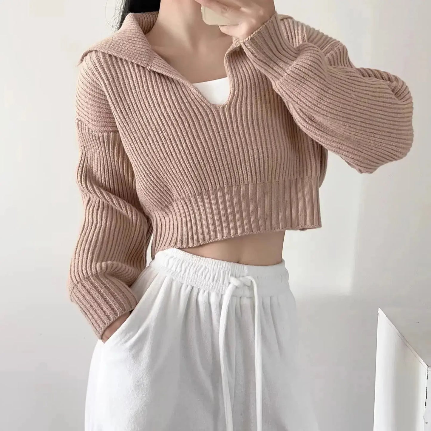 New Winter Women'S Cozy V-Neck Short Sleeve Pullover Soft Ribbed Texture Basic Long Sleeve Solid Knit Sweater Casual Womenswear luxecrown.co.uk