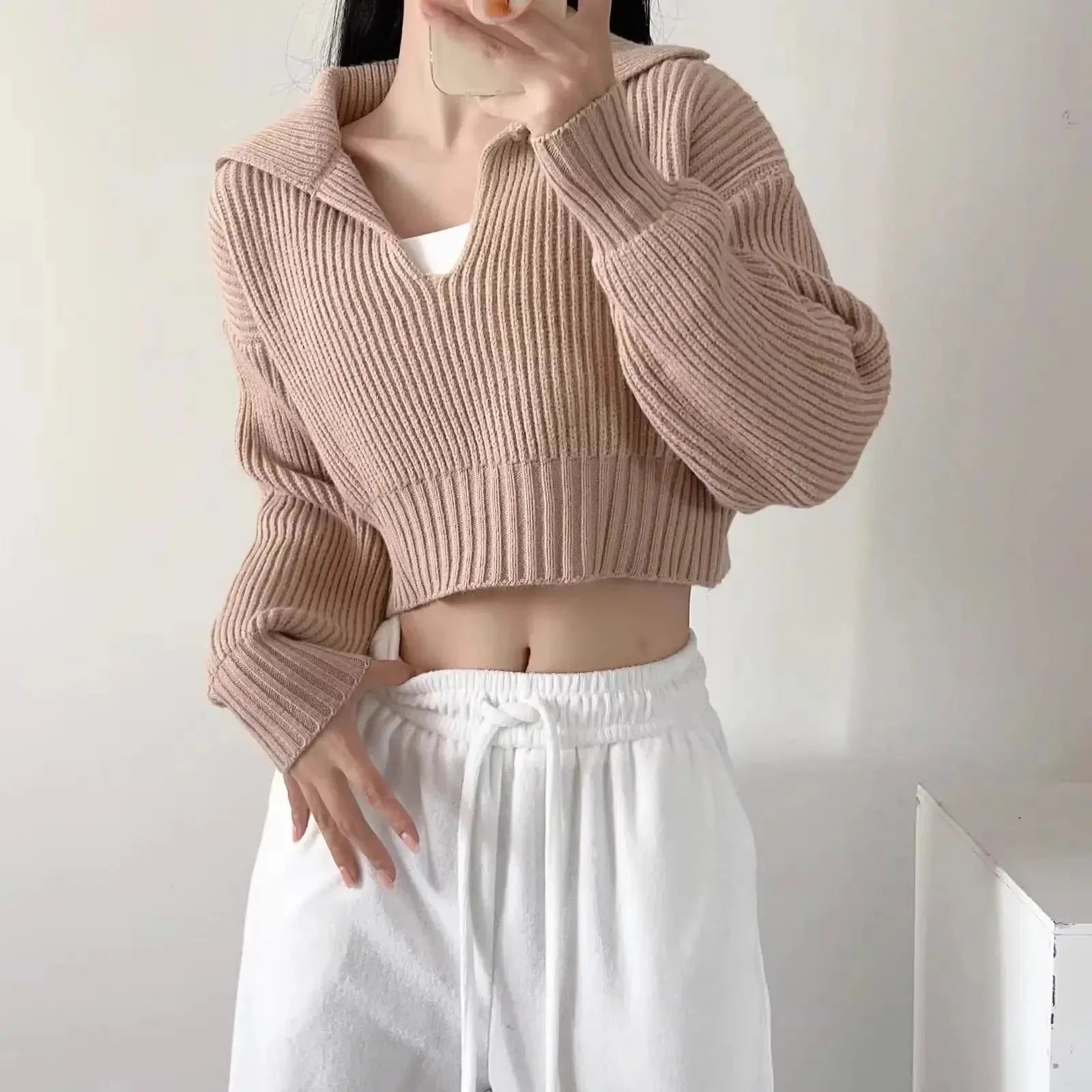 New Winter Women'S Cozy V-Neck Short Sleeve Pullover Soft Ribbed Texture Basic Long Sleeve Solid Knit Sweater Casual Womenswear luxecrown.co.uk