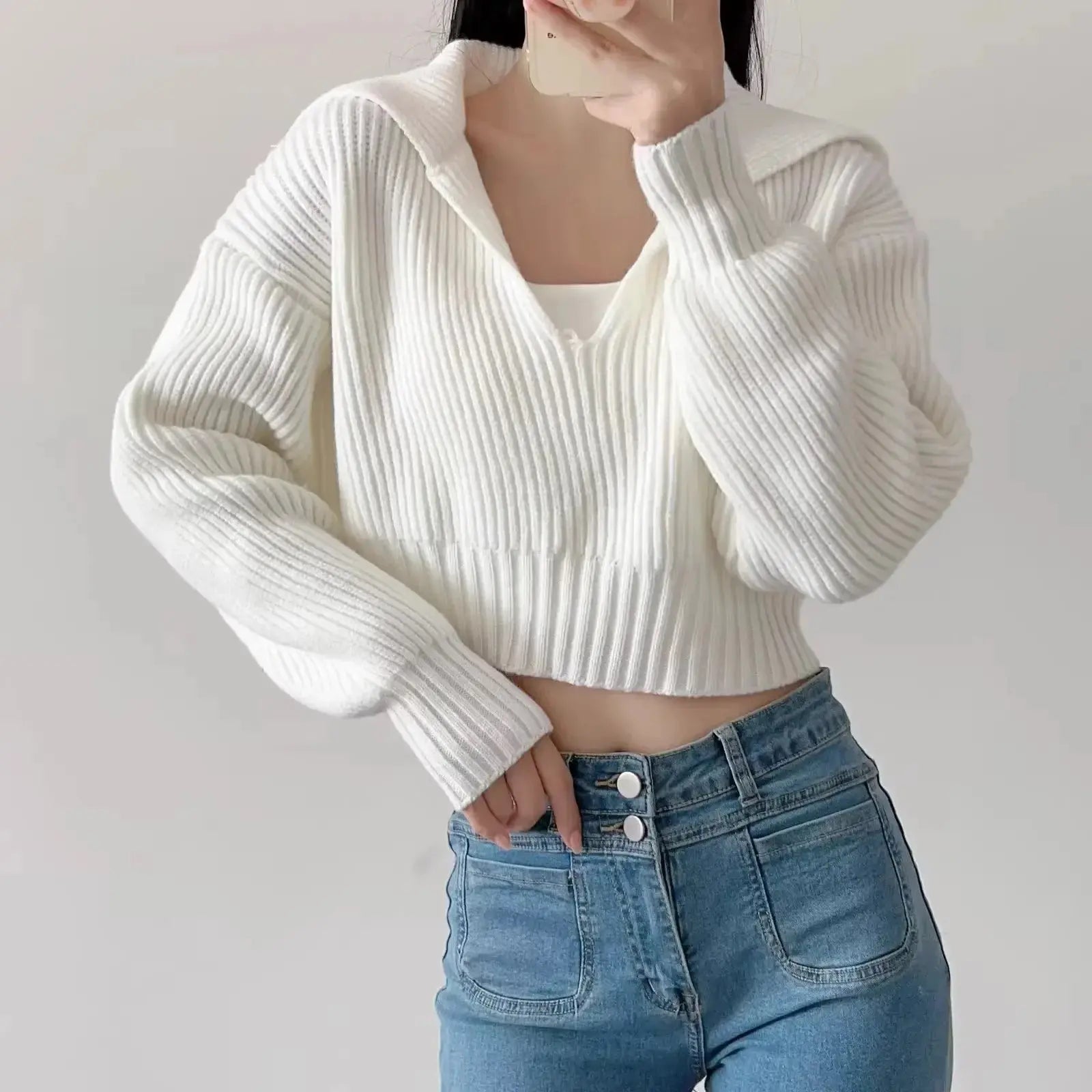 New Winter Women'S Cozy V-Neck Short Sleeve Pullover Soft Ribbed Texture Basic Long Sleeve Solid Knit Sweater Casual Womenswear luxecrown.co.uk