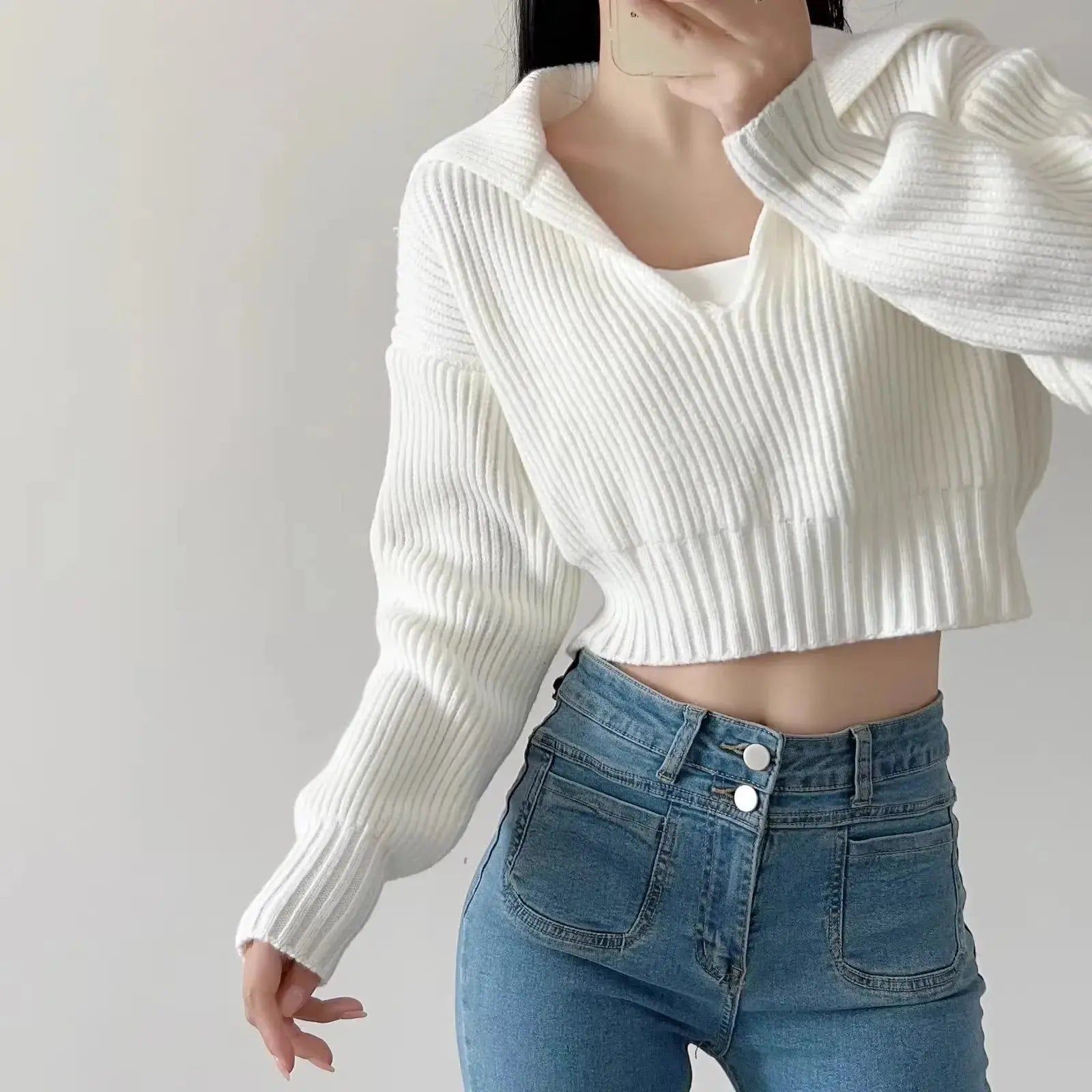 New Winter Women'S Cozy V-Neck Short Sleeve Pullover Soft Ribbed Texture Basic Long Sleeve Solid Knit Sweater Casual Womenswear luxecrown.co.uk