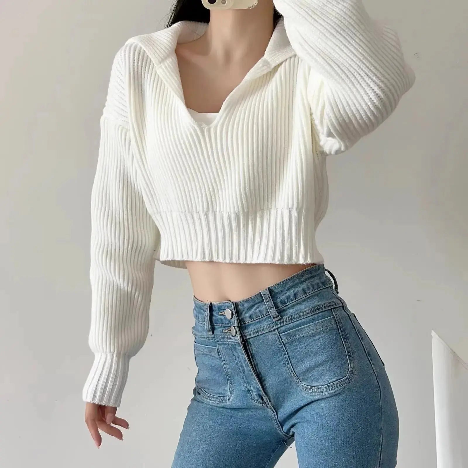 New Winter Women'S Cozy V-Neck Short Sleeve Pullover Soft Ribbed Texture Basic Long Sleeve Solid Knit Sweater Casual Womenswear luxecrown.co.uk