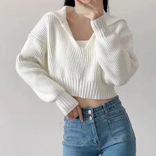 New Winter Women'S Cozy V-Neck Short Sleeve Pullover Soft Ribbed Texture Basic Long Sleeve Solid Knit Sweater Casual Womenswear luxecrown.co.uk
